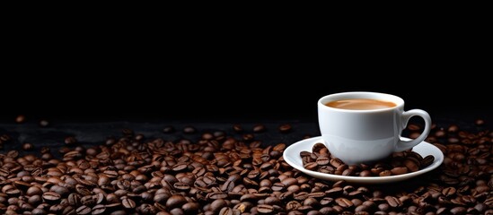 A copy space image of a white coffee cup placed on a dark background alongside scattered coffee beans