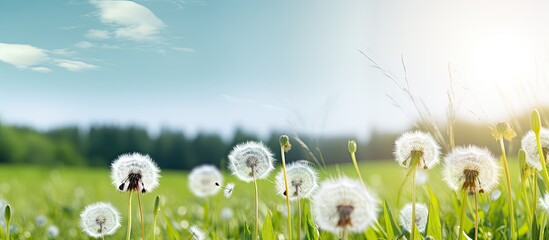 A copy space image of white fluffy dandelions blossom in a green field creating a beautiful natural backdrop