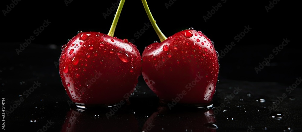 Poster A copy space image of a cherry with dew drops placed on a black tabletop