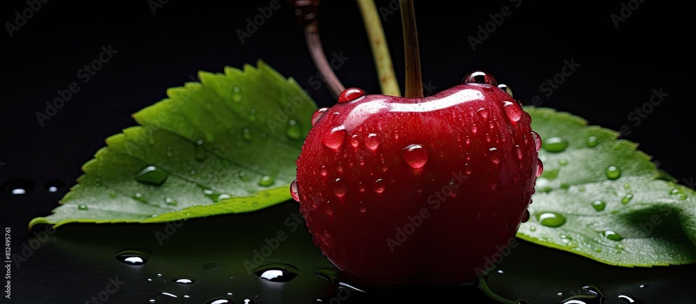 Poster A copy space image of a cherry with dew drops placed on a black tabletop