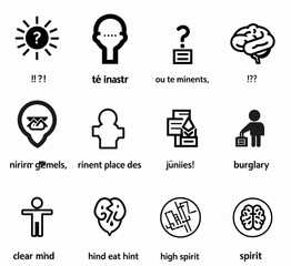 A set of black and white vector icons representing the concept "adplane" or self development for people with ADHD, showing stick figures in various stages such as running around,