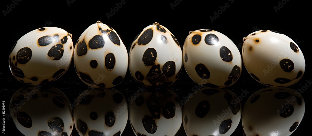 Poster Closeup image of eight quail eggs arranged in a flower shape against a black background providing ample copy space