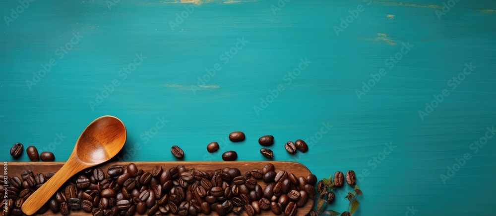Poster a copy space image featuring a wooden board adorned with a spoon of body scrub and coffee beans plac