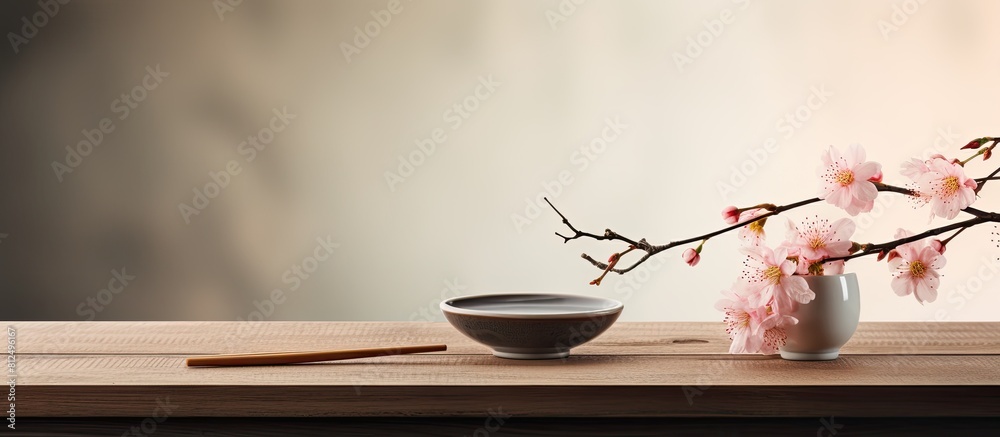 Poster a copy space image featuring chopsticks placed on a wooden table alongside a sakura bowl