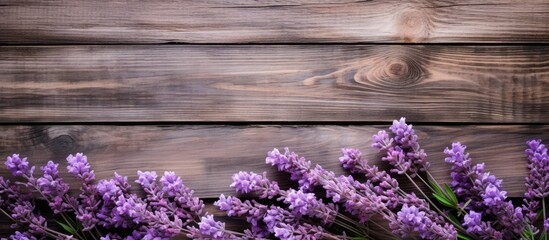 The copy space image features lavender flowers in shades of deep purple or lilac set against a weathered wooden background