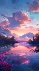 Peaceful Scenic Vistas A Wholesome Illustrated Landscape Evoking Serenity and Awe