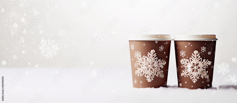 Poster A copy space image featuring two white cardboard cups of coffee with a snowflakes pattern placed on a snowy white background during winter and Christmas