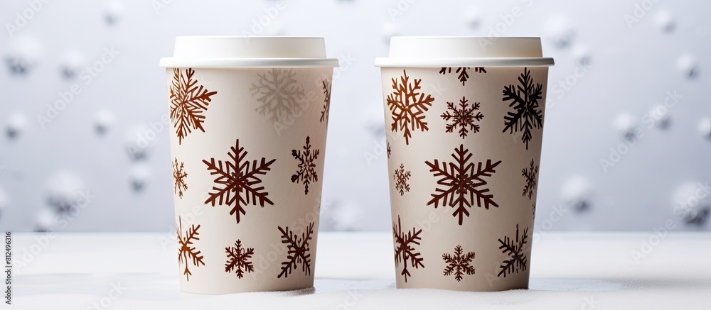 Aufkleber A copy space image featuring two white cardboard cups of coffee with a snowflakes pattern placed on a snowy white background during winter and Christmas