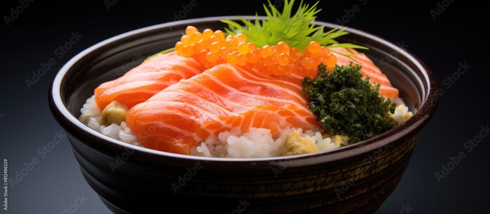 Aufkleber A copy space image featuring a salmon donburi with sliced raw salmon placed on top of cooked rice and accompanied by salmon roe