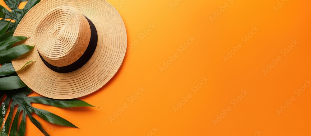 Poster copy space image featuring a fashionable straw hat and a vibrant tropical leaf set against an orange