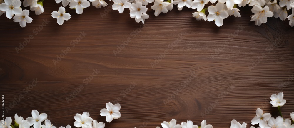 Poster A copy space image featuring a frame of white flowers on a wooden brown background providing a template with a designated spot for text