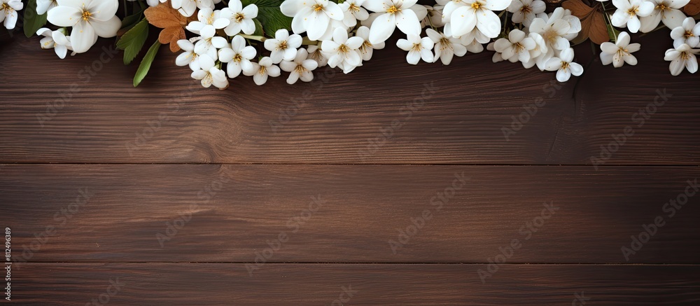 Poster a copy space image featuring a frame of white flowers on a wooden brown background providing a templ