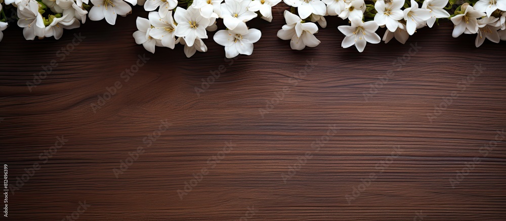 Poster A copy space image featuring a frame of white flowers on a wooden brown background providing a template with a designated spot for text