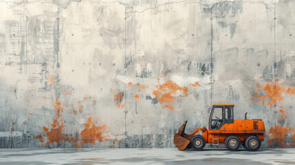 A large orange construction vehicle sits in front of a wall. The vehicle is a bulldozer, and it is parked in front of a wall with a lot of graffiti on it. The scene has a somewhat urban - Powered by Adobe