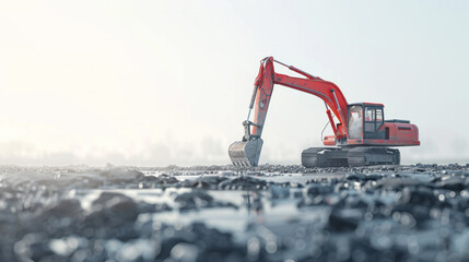 A red construction vehicle is digging into the ground. Concept of hard work and determination, as the machine is focused on its task