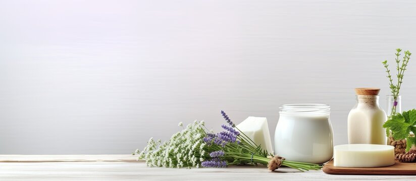 A copy space image featuring dairy products and thyme flowers on a wooden table with a white background
