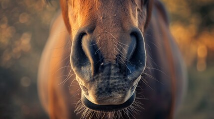 Close-up of a horse's nose with a soft focus on the background. The horse is brown and has a white blaze on its forehead. Its nostrils are flared and its lips are slightly parted.