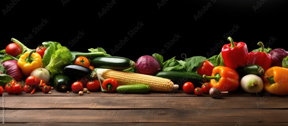 Poster A copy space image featuring organic summer vegetables displayed on a rustic brown wooden background providing a perfect backdrop for your text