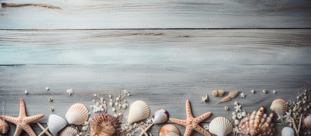 Poster a copy space image featuring sea themed decorations and shells arranged on a rustic wooden backgroun
