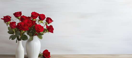 A copy space image featuring a vase of red roses set against a whitewashed wooden wall © HN Works