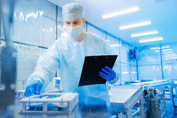 Man use clipboard for control quality of surgery kit box, blue light toning. Pharmaceutical factory...