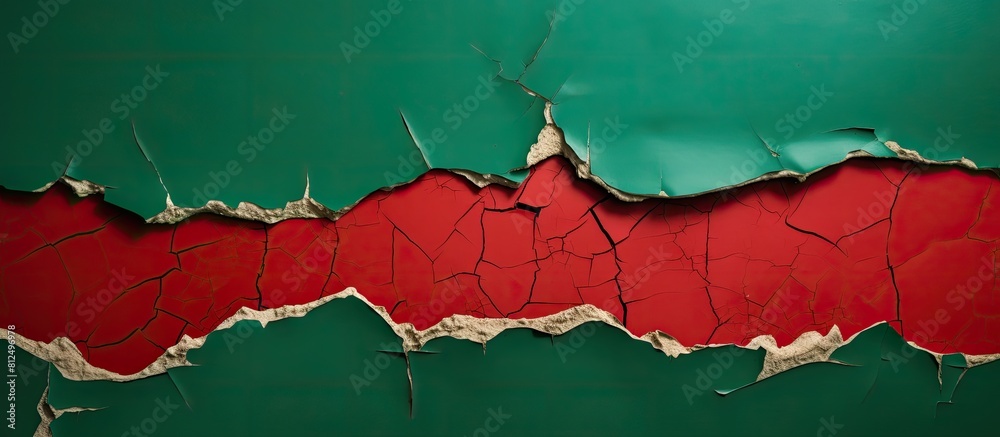 Aufkleber A copy space image of torn red paper fixed with tape on a green backdrop