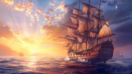 Obraz premium Illustrate a stunning image of a pirate ship sailing on calm waters at sunset, the sky ablaze with vibrant colors, reflecting the excitement and freedom of the open sea
