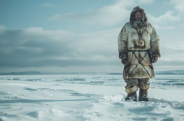 An Inuit man in fur and leather stands in Arctic snowscape.