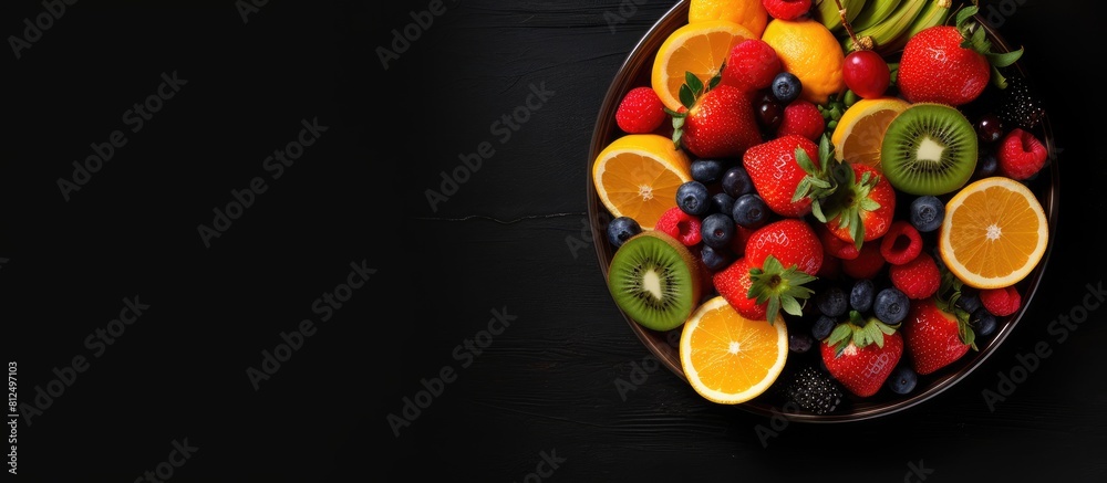 Poster a copy space image of a bowl of fresh organic fruits can be seen from a top view against a dark back