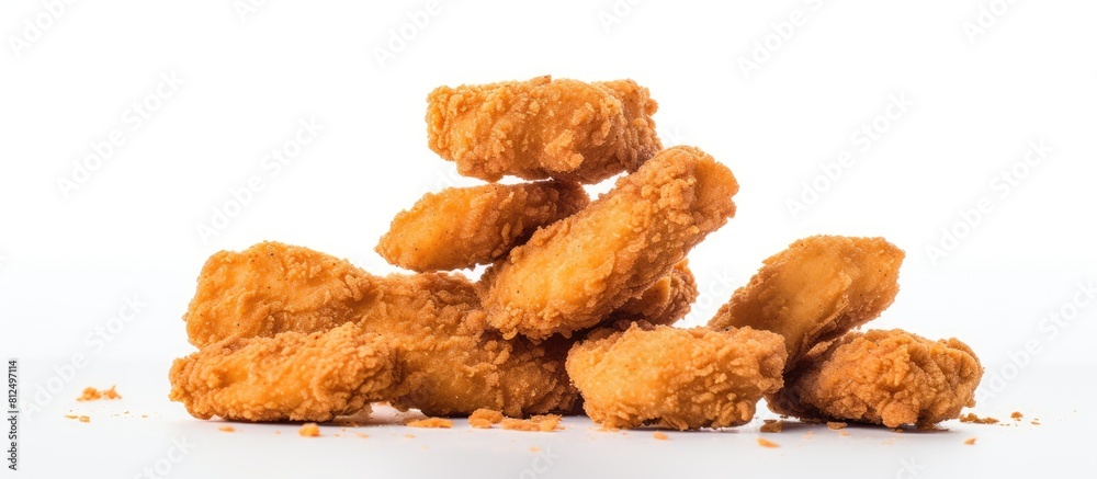 Poster a copy space image of fried chicken nuggets on a white background