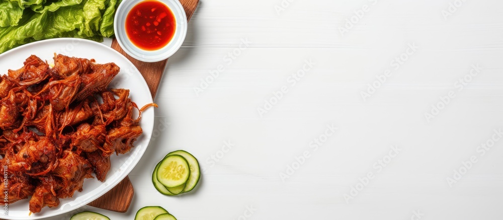 Poster copy space image of fried sun dried pork and green cabbage leaves arranged in a white plate accompan