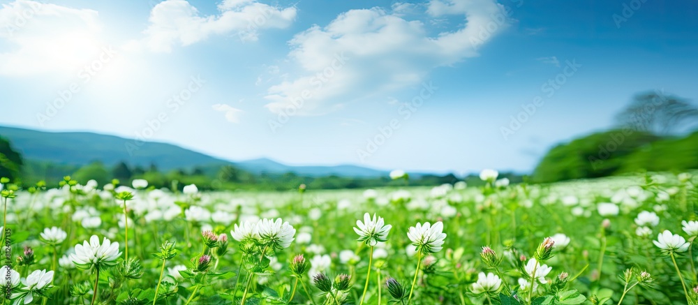 Poster Copy space image of white clover in full bloom in a picturesque field