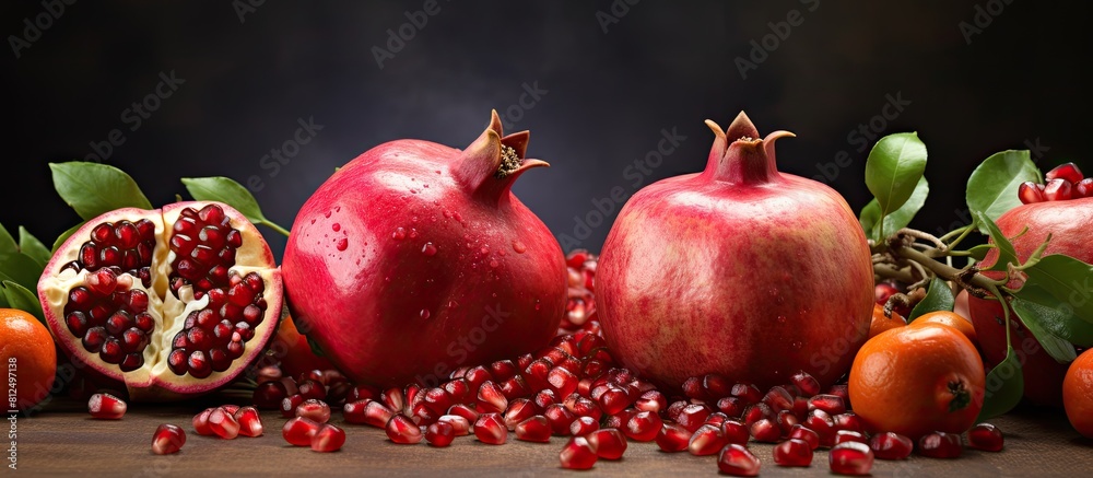 Poster copy space image of a garnet fruit punica granatum with whole pomegranates in the background isolate