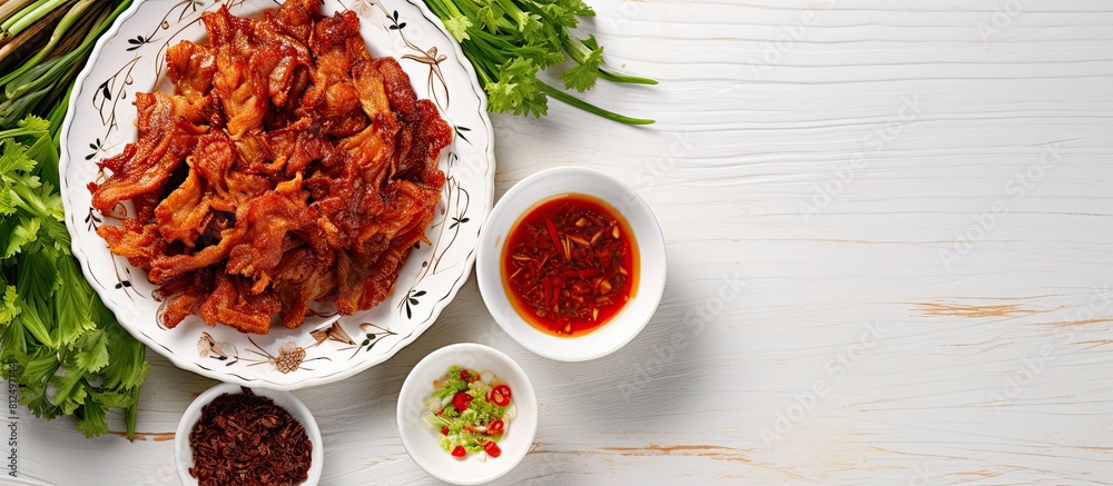 Poster copy space image of fried sun dried pork and green cabbage leaves arranged in a white plate accompan