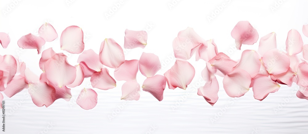 Poster image of pink rose petals gracefully floating in the air against a pristine white backdrop with ampl