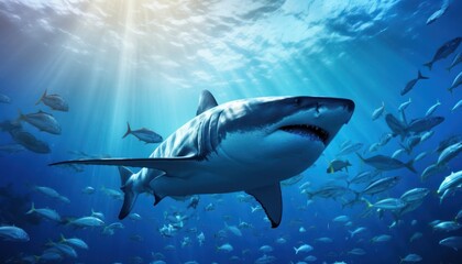 Fototapeta premium Groups of giant Tuna fish in the underwater, coral reef, amazing underwater life, various fish and exotic coral reefs, ocean wild creatures background