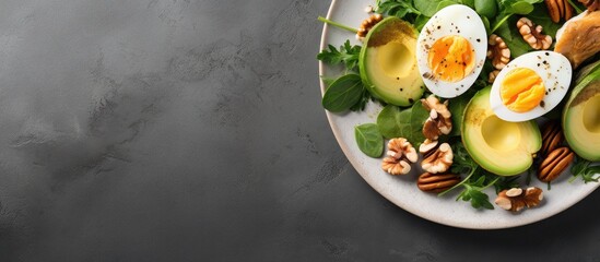 Copy space image of a keto friendly meal consisting of avocado slices grilled chicken quail eggs spinach and walnuts This high fat clean eating recipe is ideal for weight loss The close up top view c - Powered by Adobe