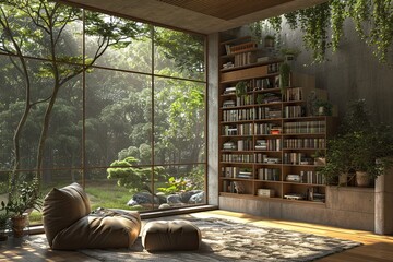 Minimalist reading nook with a built-in bookshelf and a plush armchair overlooking a Zen garden.