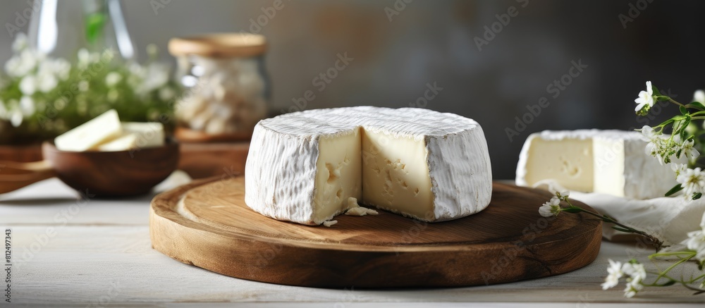 Poster A copy space image of homemade franch cheese displayed on a rustic wooden plate with a soft light background