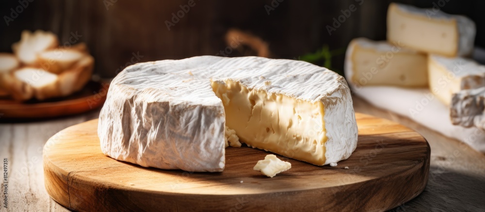 Poster a copy space image of homemade franch cheese displayed on a rustic wooden plate with a soft light ba