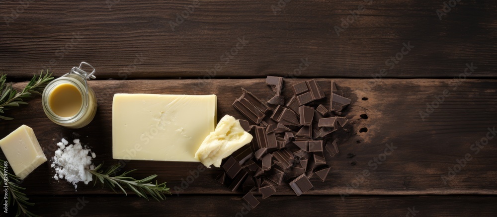 Aufkleber copy space image of homemade cosmetics made with cocoa butter displayed on a dark grey wooden backgr