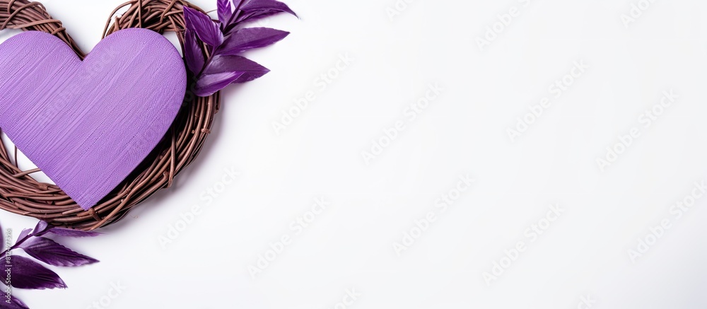 Poster Above the flat lay image there is a purple heart shaped rattan placed in isolation on a white background with ample copy space