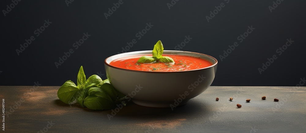 Poster closeup copy space image of a homemade tomato soup bowl on a grey background offering room for text