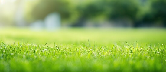 Copy space image of a lush green lawn with a naturally green backdrop and a soft blurred effect