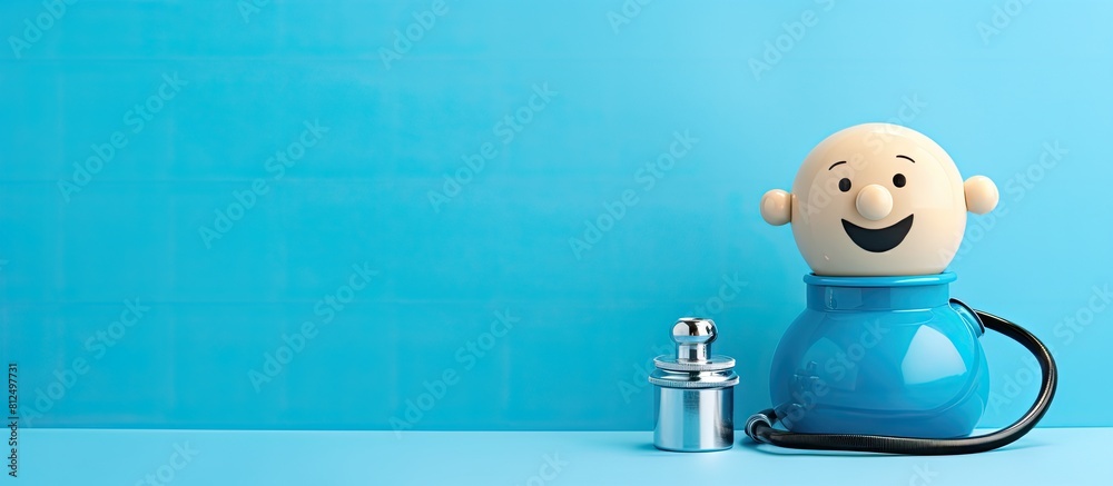 Poster copy space image of a piggy bank with a stethoscope placed on a vibrant blue background