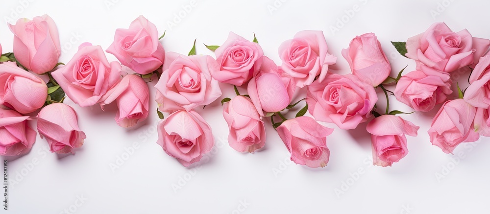 Poster copy space image of pink roses on a white background creating a festive and vibrant atmosphere
