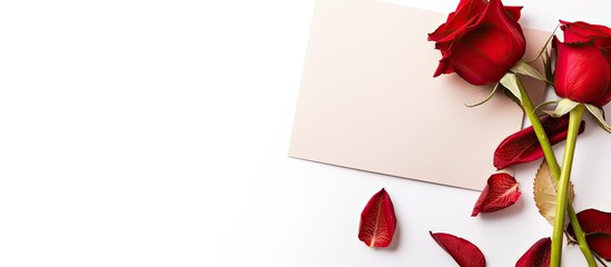 A copy space image of red roses and an envelope with a feather set against a white background