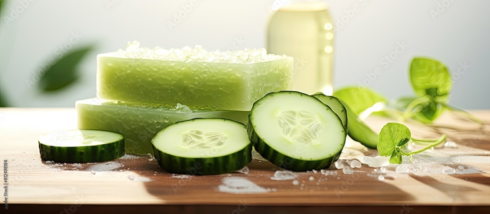 Poster A copy space image that showcases sliced cucumber placed alongside soap creating a home body care concept focused on cucumber This concept highlights treatments involving cucumber soap for personal c