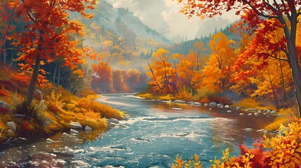 A picturesque autumn landscape with fiery foliage ablaze, framing a peaceful river winding its way through the colorful forest, creating a scene of natural beauty