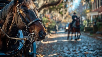 Obraz premium The horse-drawn carriage rides through the historic district of a southern city.